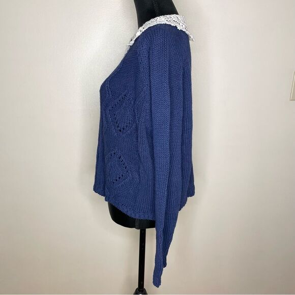 Nuggets Sweater Cable Knit Ivory Crochet Collar Cottage Coastal Blue Size Large - Picture 4 of 8